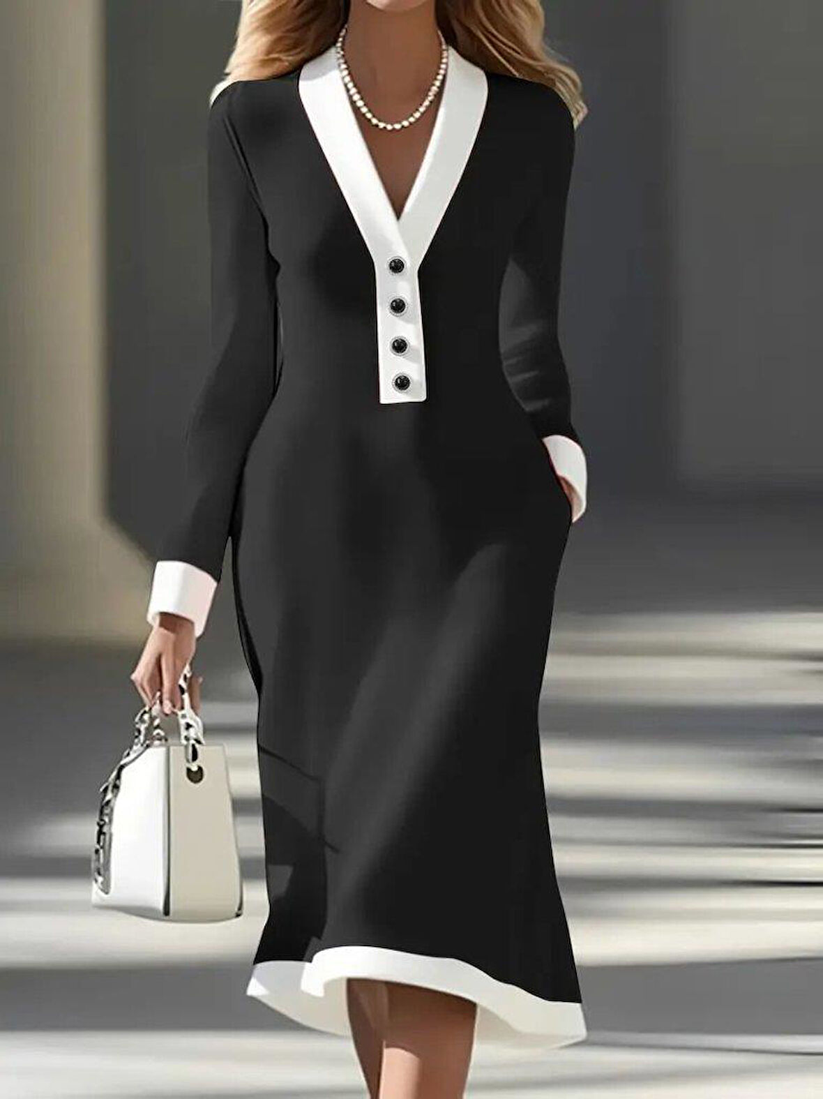 Kadın Uzun Kollu V Yakalı Düğmeli Midi Modal Elbise