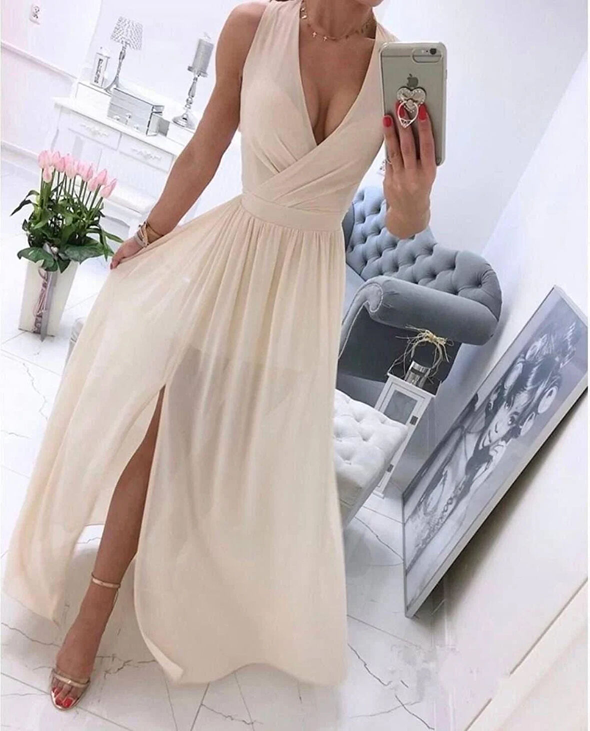 Kadın şifon Kumaş V Yaka Sıfır Kol Maxi Boy Elbise