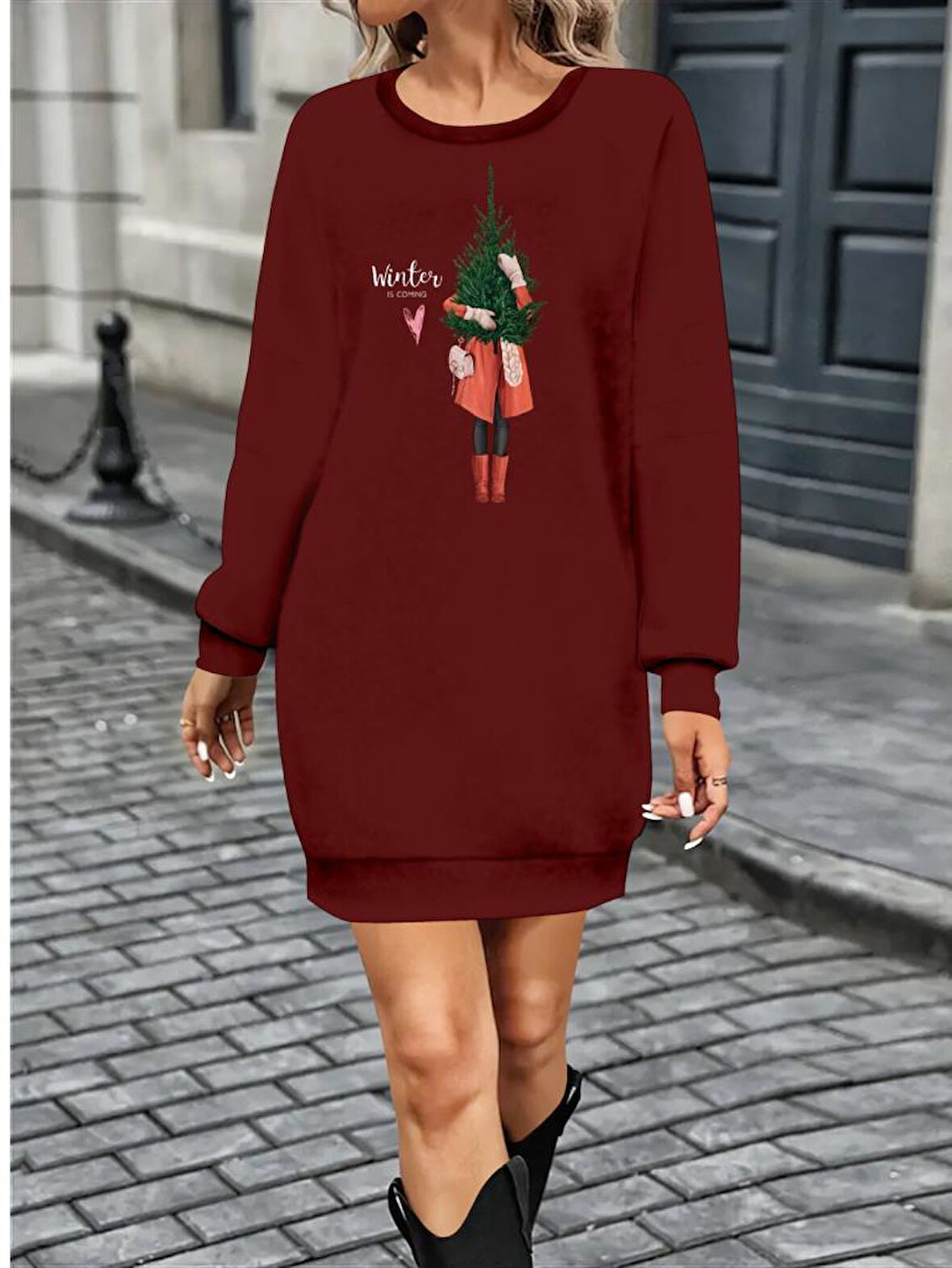 Kadın Uzun Kollu Bisiklet Yaka Desenli Kısa Viskon Iki Iplik Elbise