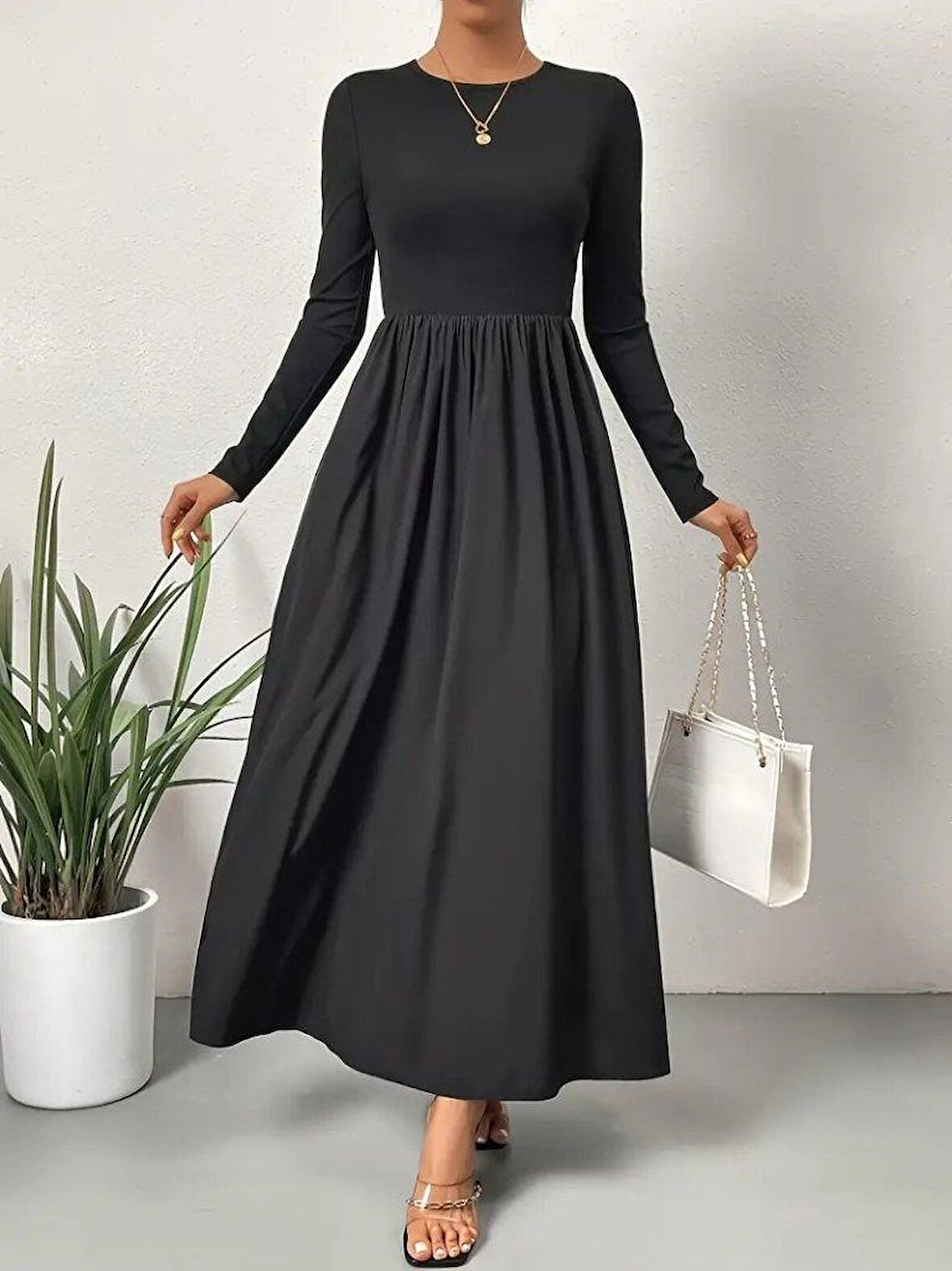 Kadın Uzun Kollu Bisiklet Yaka Uzun üst Viskon Alt Trikoton Elbise