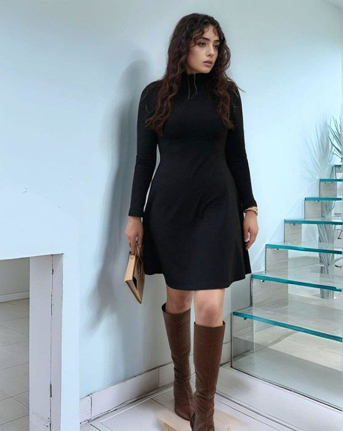 Kadın Uzun Kollu Balıkçı Yaka Salaş Kusa Akrilik Elbise