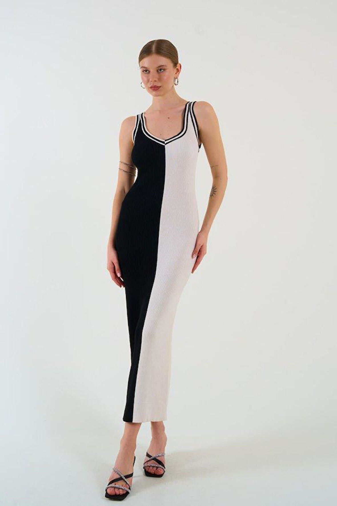 İki Renki Kolsuz Elbise - Siyah-Krem