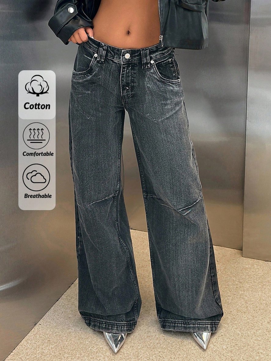 Vintage Yıkamalı Low Waist Wide Leg Jean Pantolon Bol Paça Kadın Jean