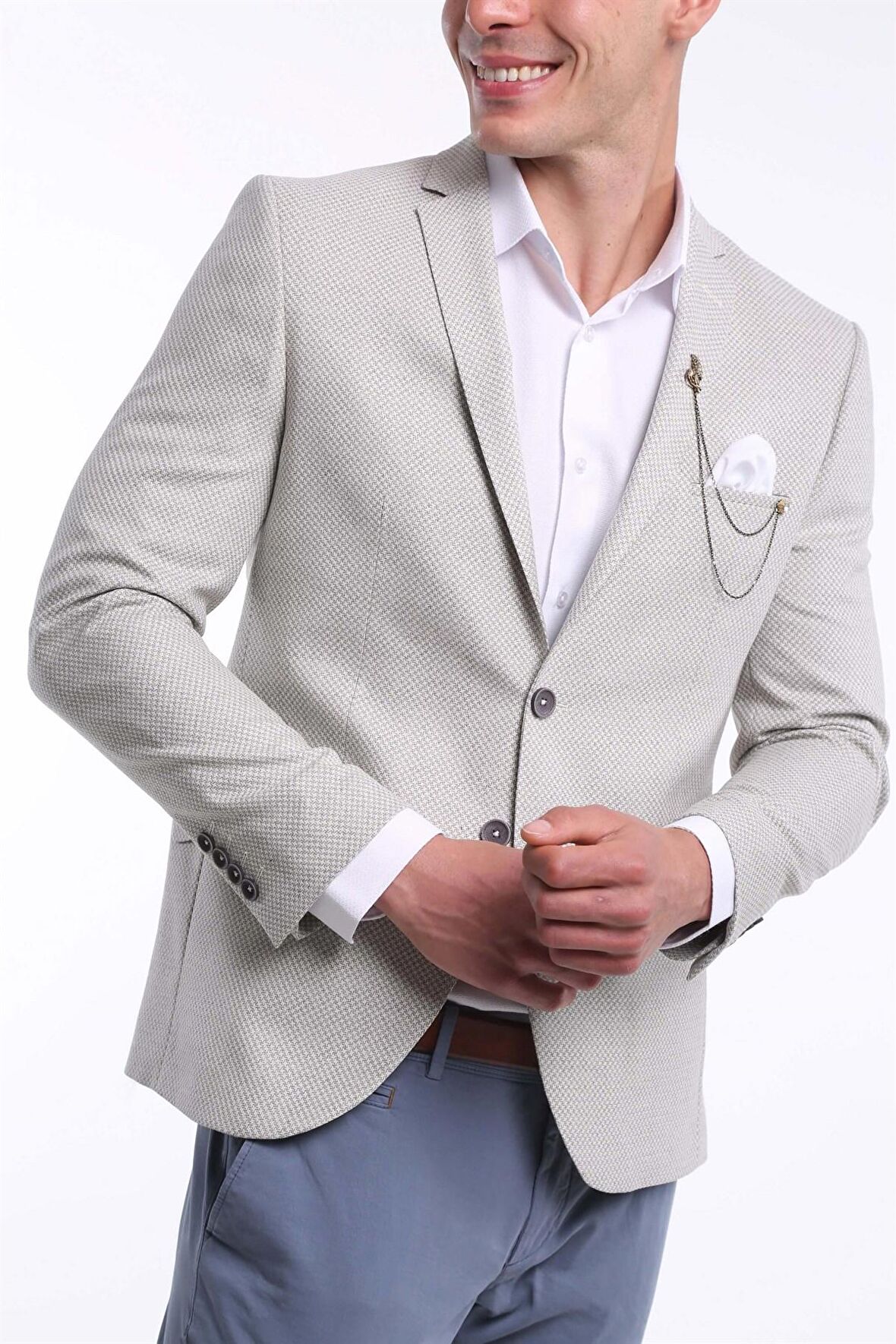 İntersivin Erkek Slim Fit 6 Drop Krem Blazer Tek Ceket