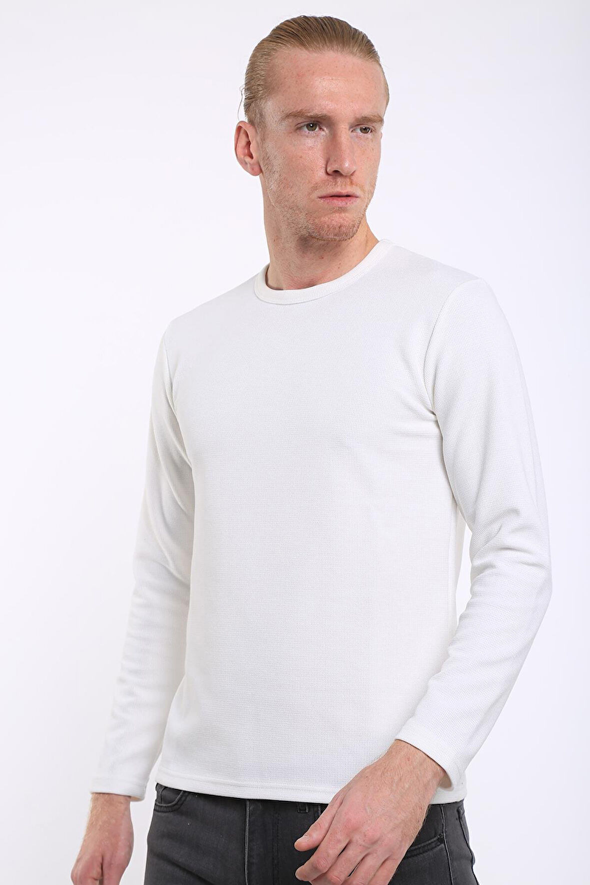 İntersivin Bisiklet Yaka Uzun Kollu Dokulu Ekru Erkek Sweat