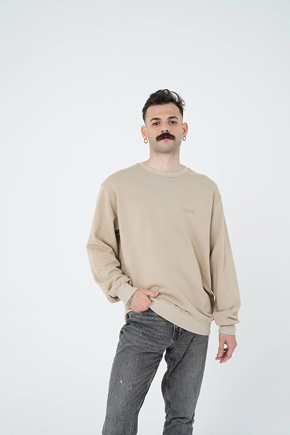 Gracht Nakışlı Oversize Camel Sweat