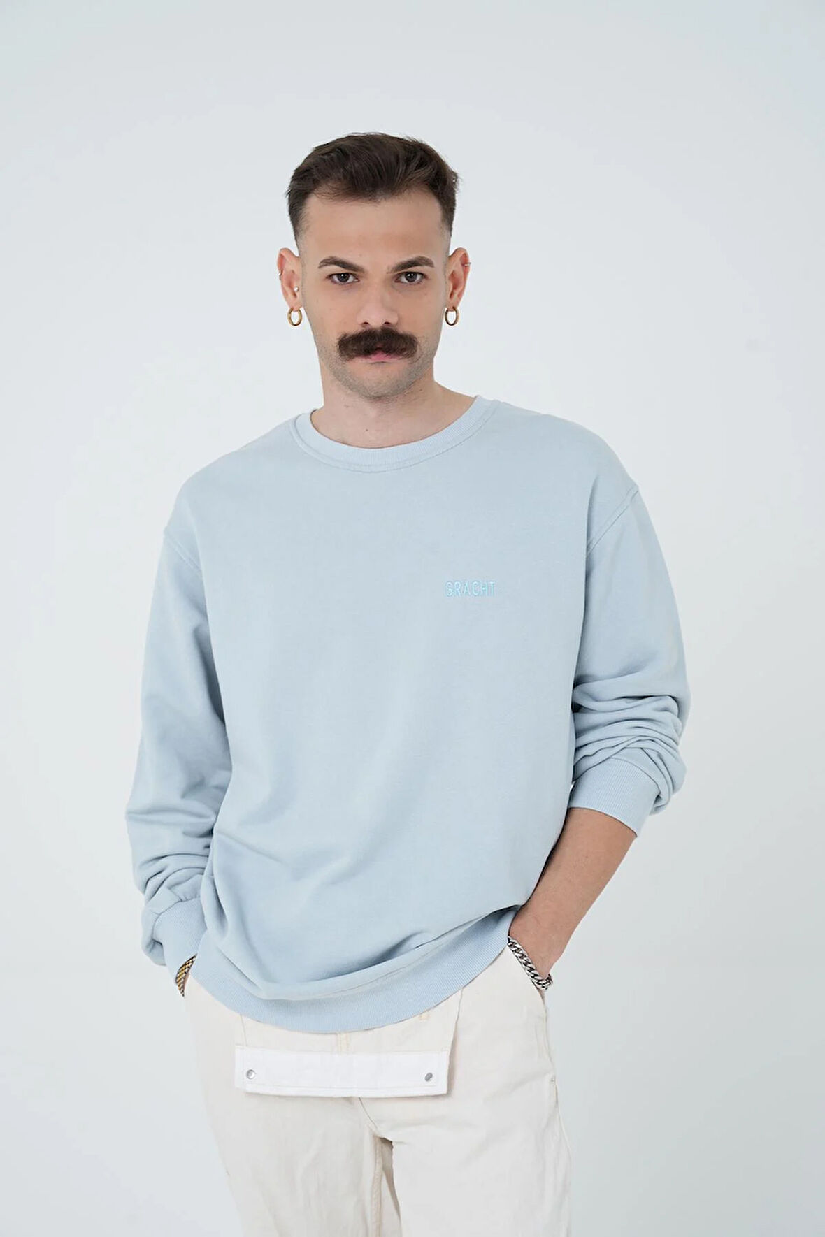 Gracht Nakışlı Oversize Mavi Sweat