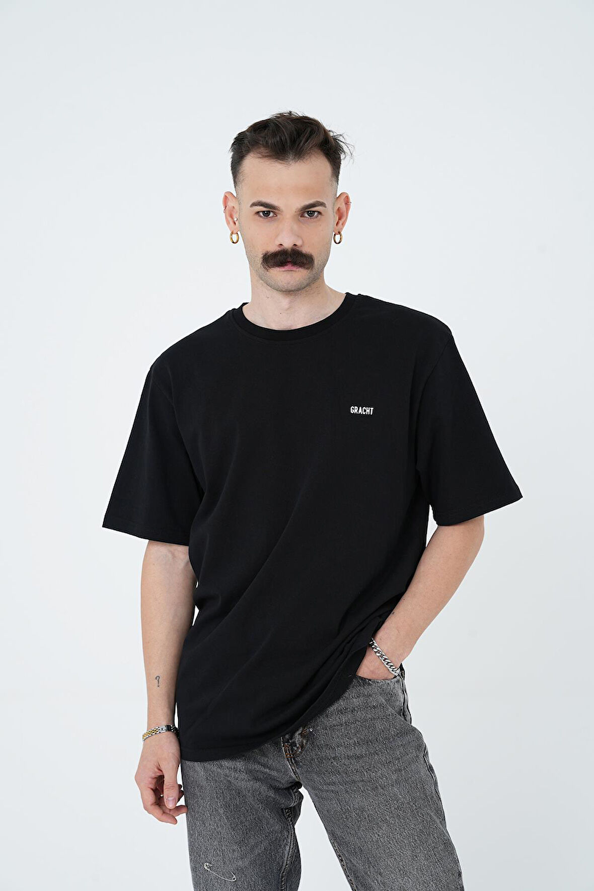 Gracht Baskılı Oversize Siyah T-Shirt