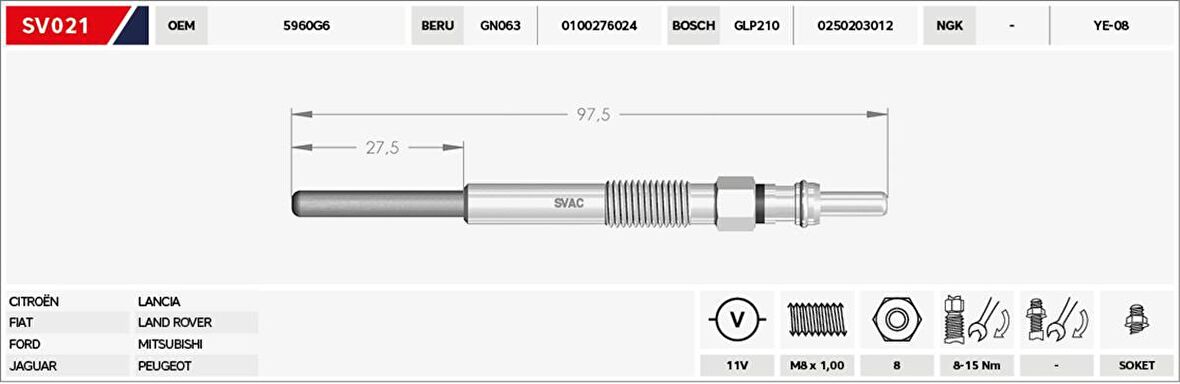 ISITMA KIZDIRMA BUJİSİ 11V FREELANDER II 2.2 td4 06 GN063 0 100 276 024 GLP210 0 250 203 012 6G9Q 6M090 AA 5960.G6