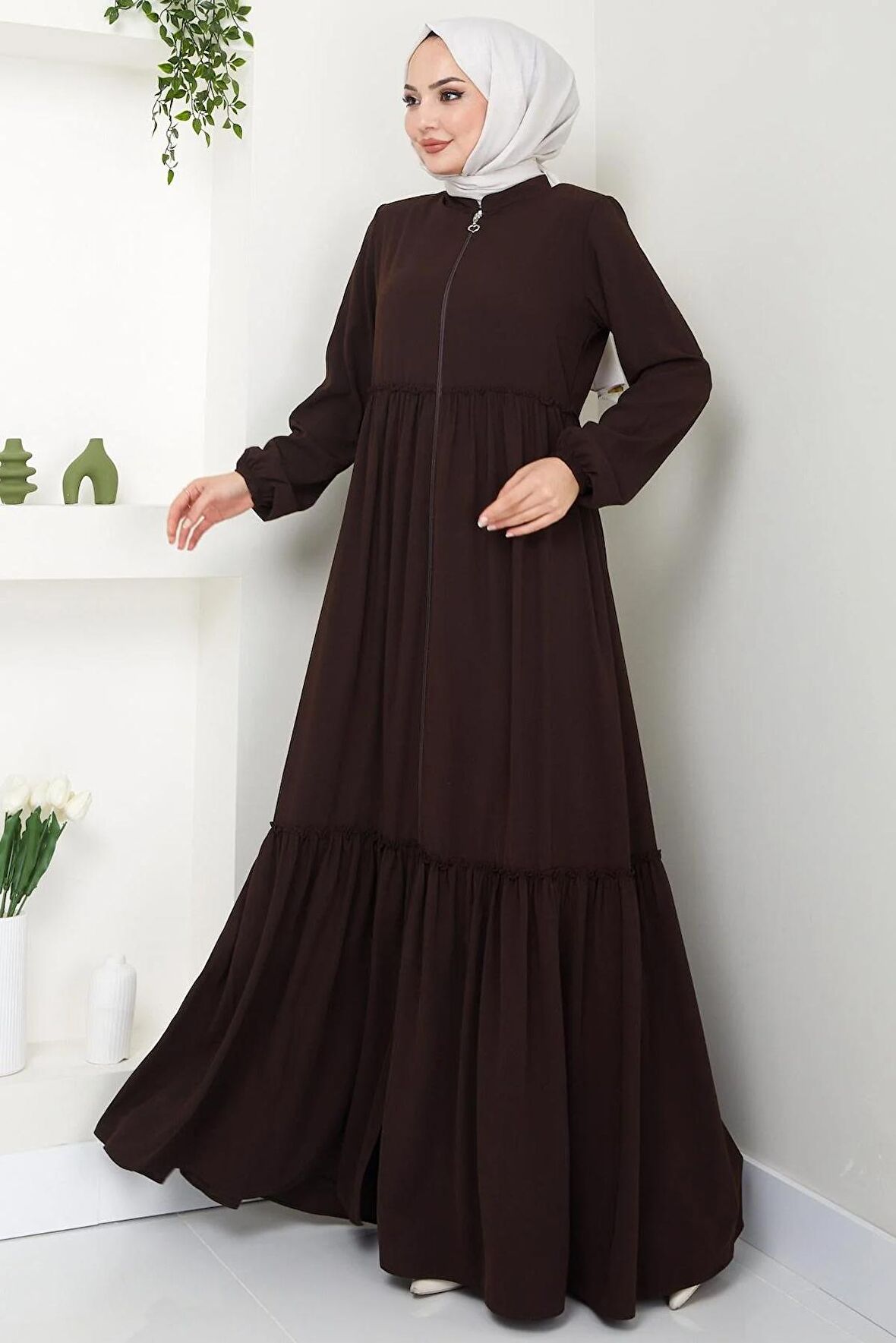 Büzgü Detaylı Ferace Kahverengi HM2034