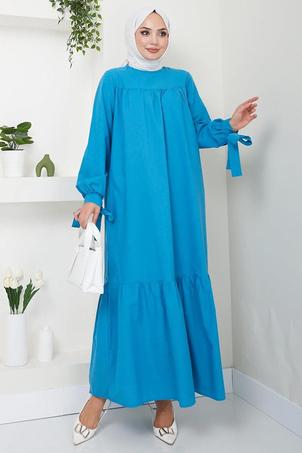 Robalı Kol Ucu Bağlamalı Elbise Petrol HM2081