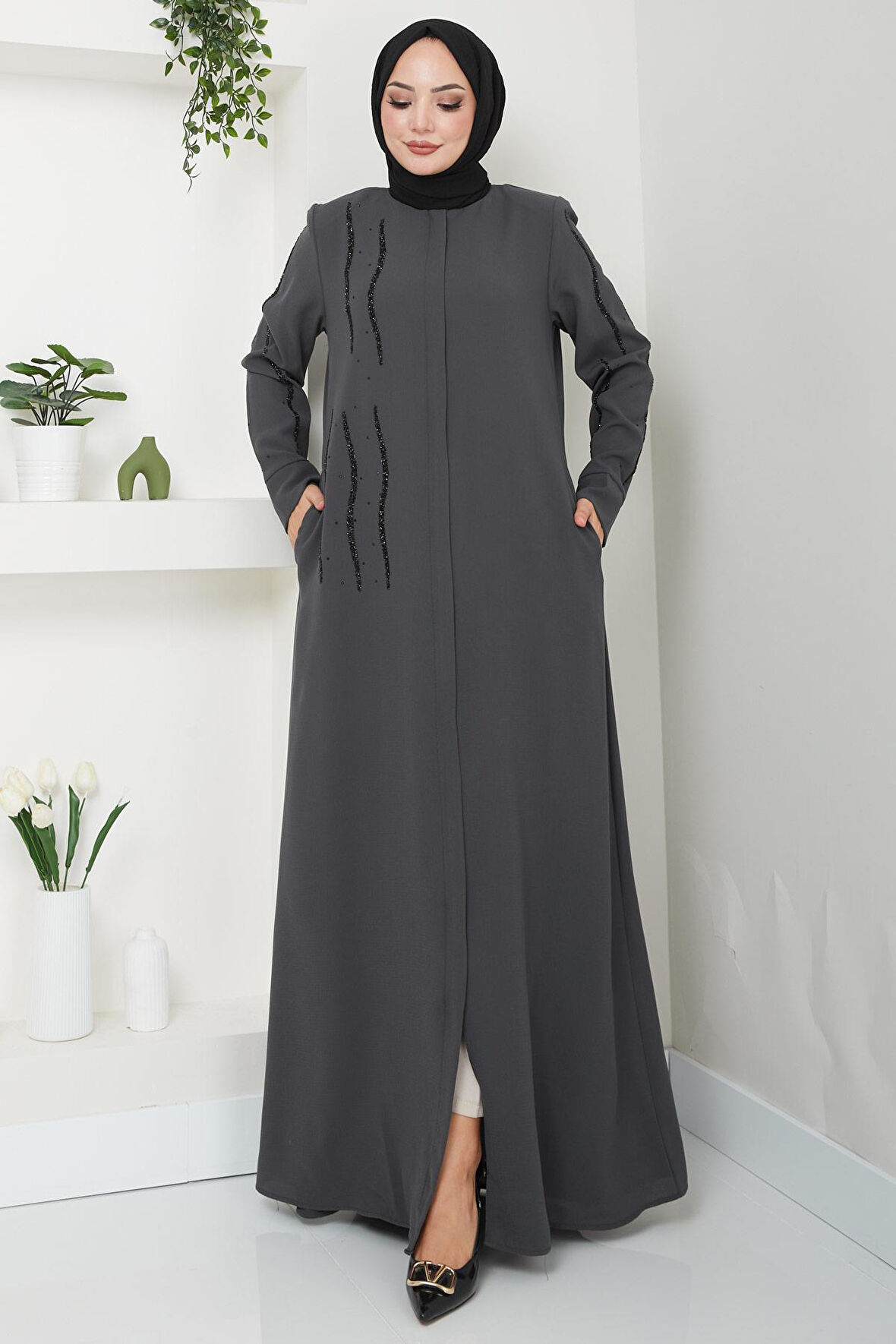 Sevgi Taşlı Ferace Gri HM2481