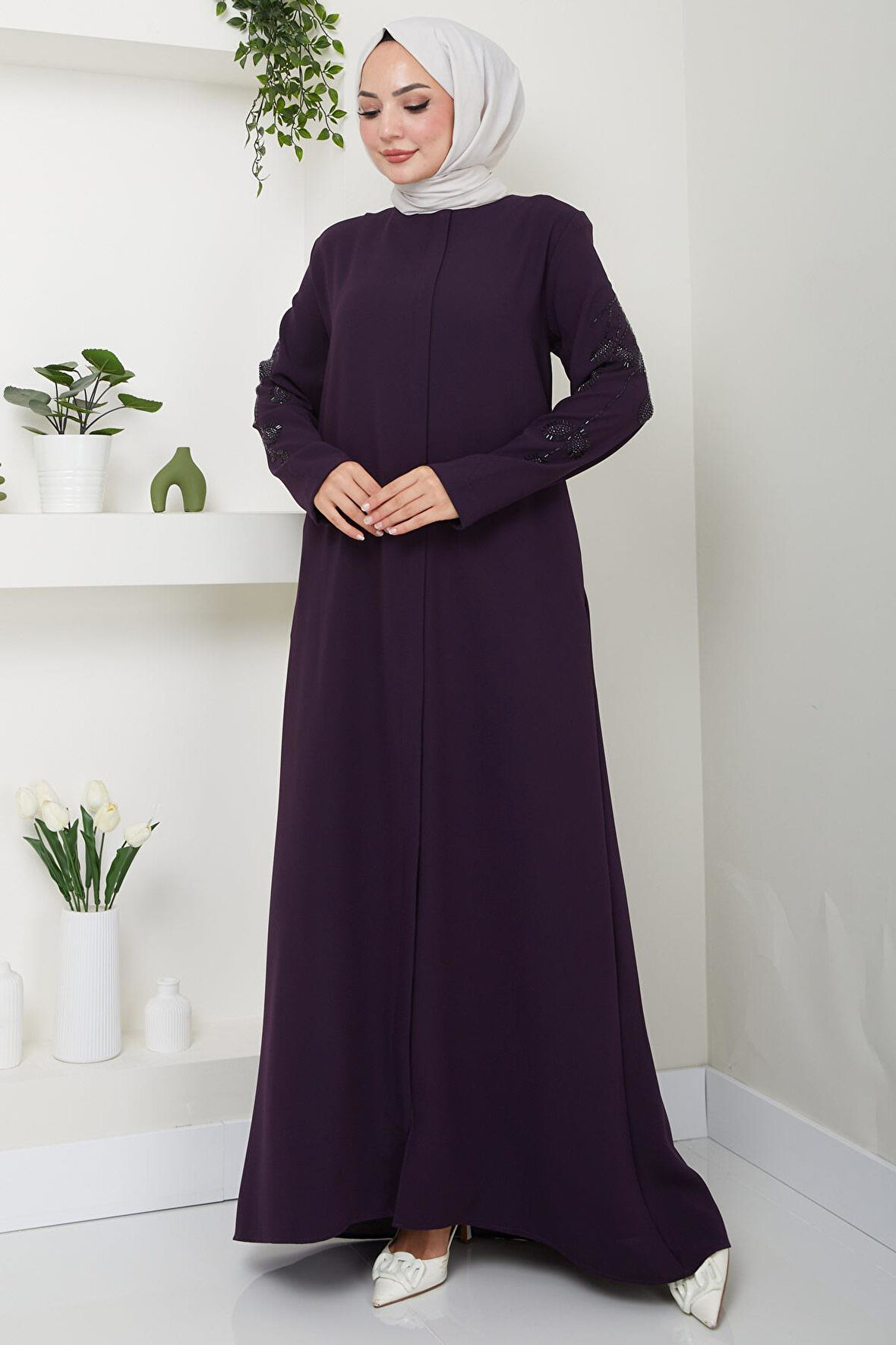 Nihan Kolları Taşlı Ferace Mürdüm HM2485