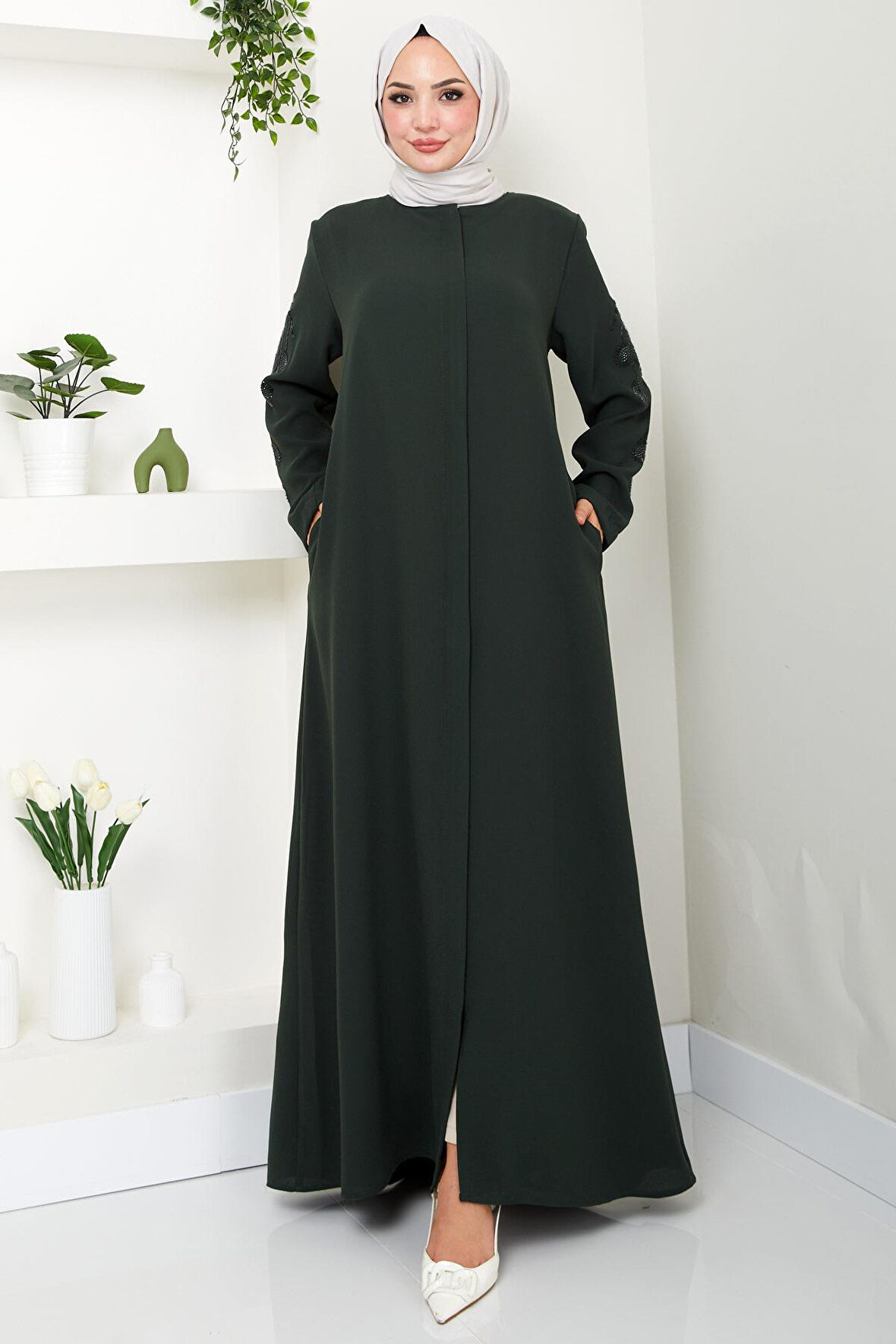Nihan Kolları Taşlı Ferace Haki HM2485