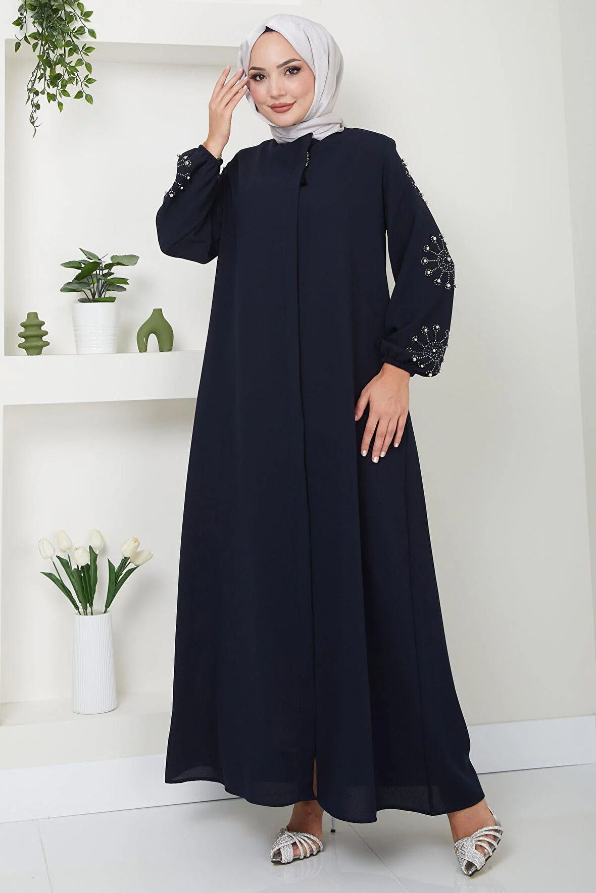 Kolu Taşlı ve İncili Ferace Lacivert HM2494