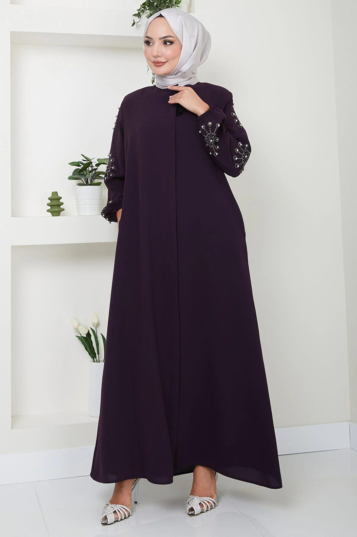 Kolu Taşlı ve İncili Ferace Mürdüm HM2494