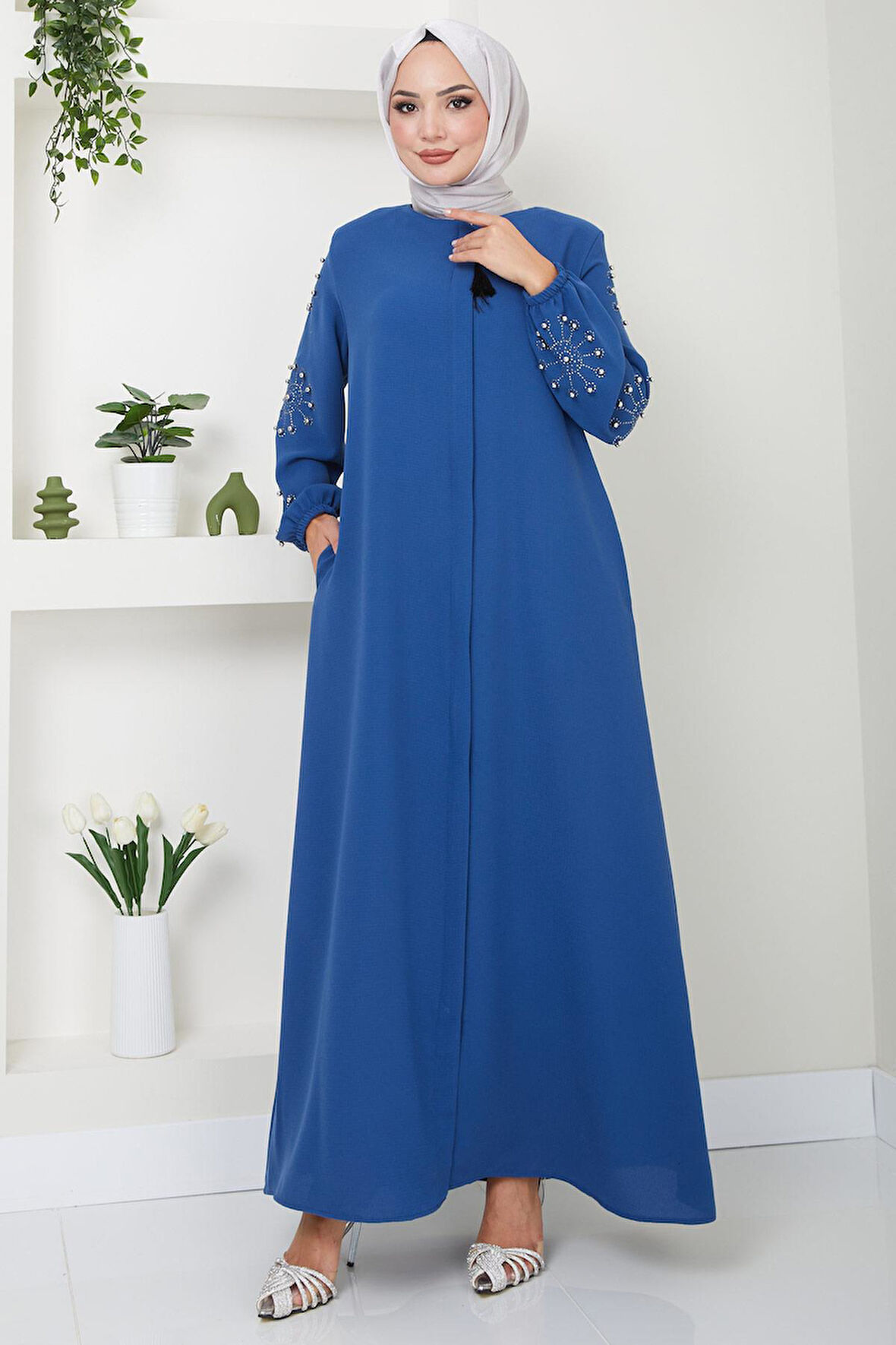 Kolu Taşlı ve İncili Ferace İndigo HM2494