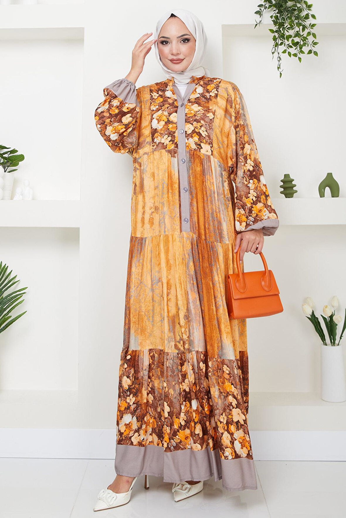 Çiçek Baskılı Düğmeli Viskon Elbise Hardal HM2496