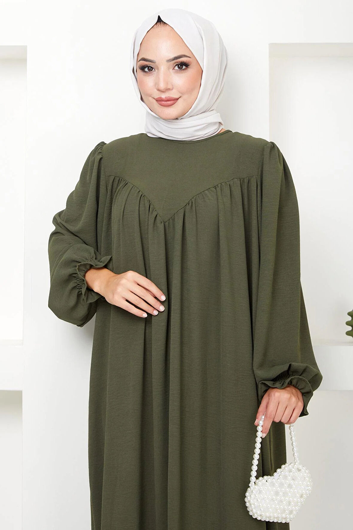 Büzgülü Robalı Elbise Haki HM2501