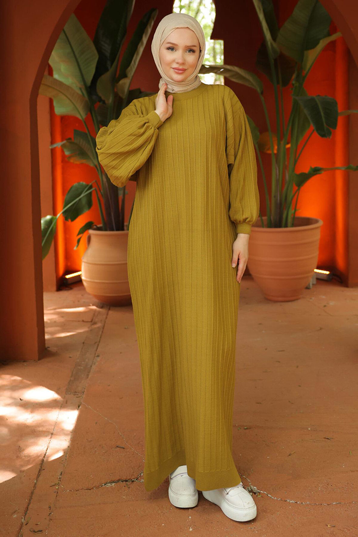 Bisiklet Yaka Balon Kol Triko Elbise Yağ Yeşili HM2518