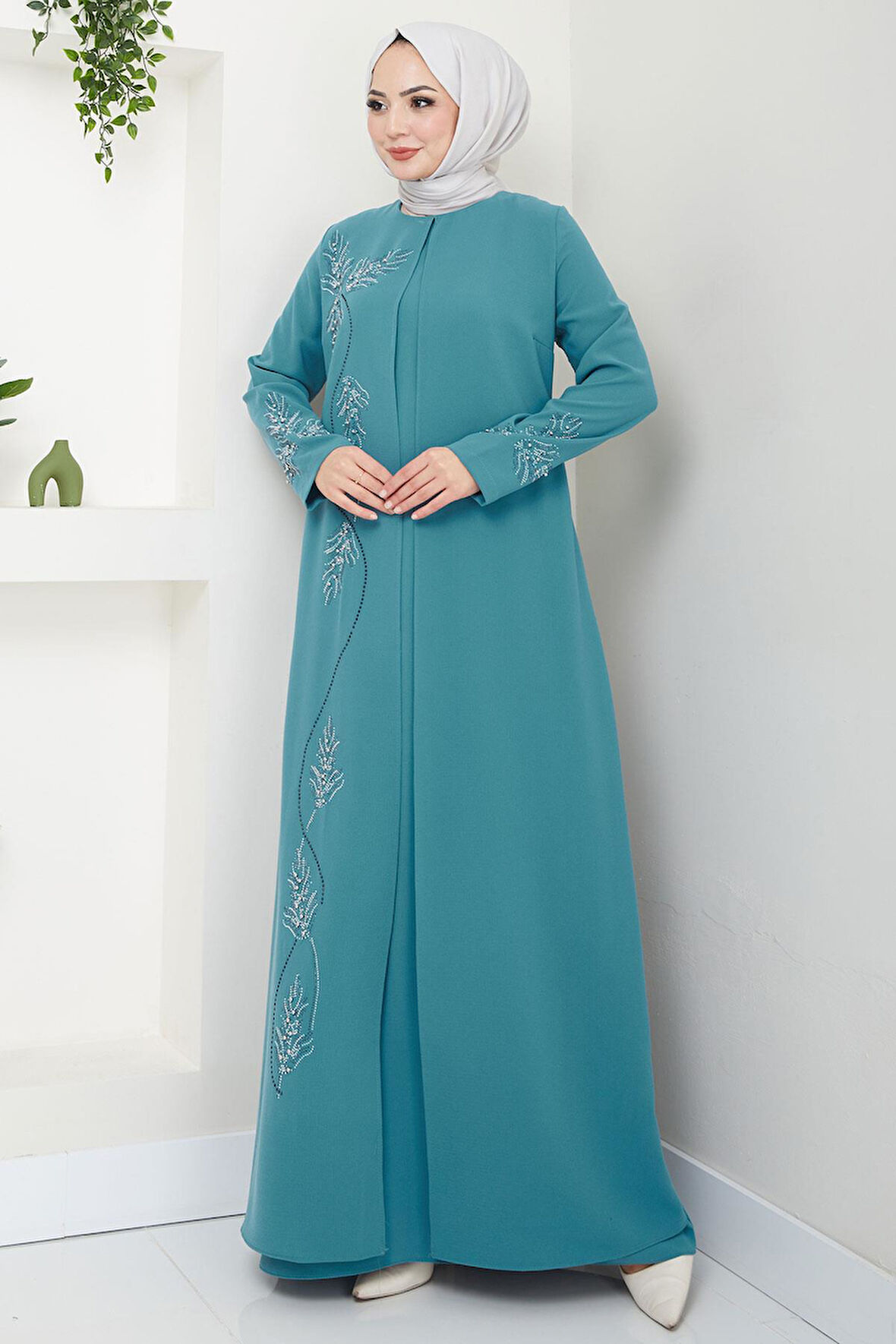 Büyük Beden Yaprak Taşlı Anne Elbisesi Mint HM2350