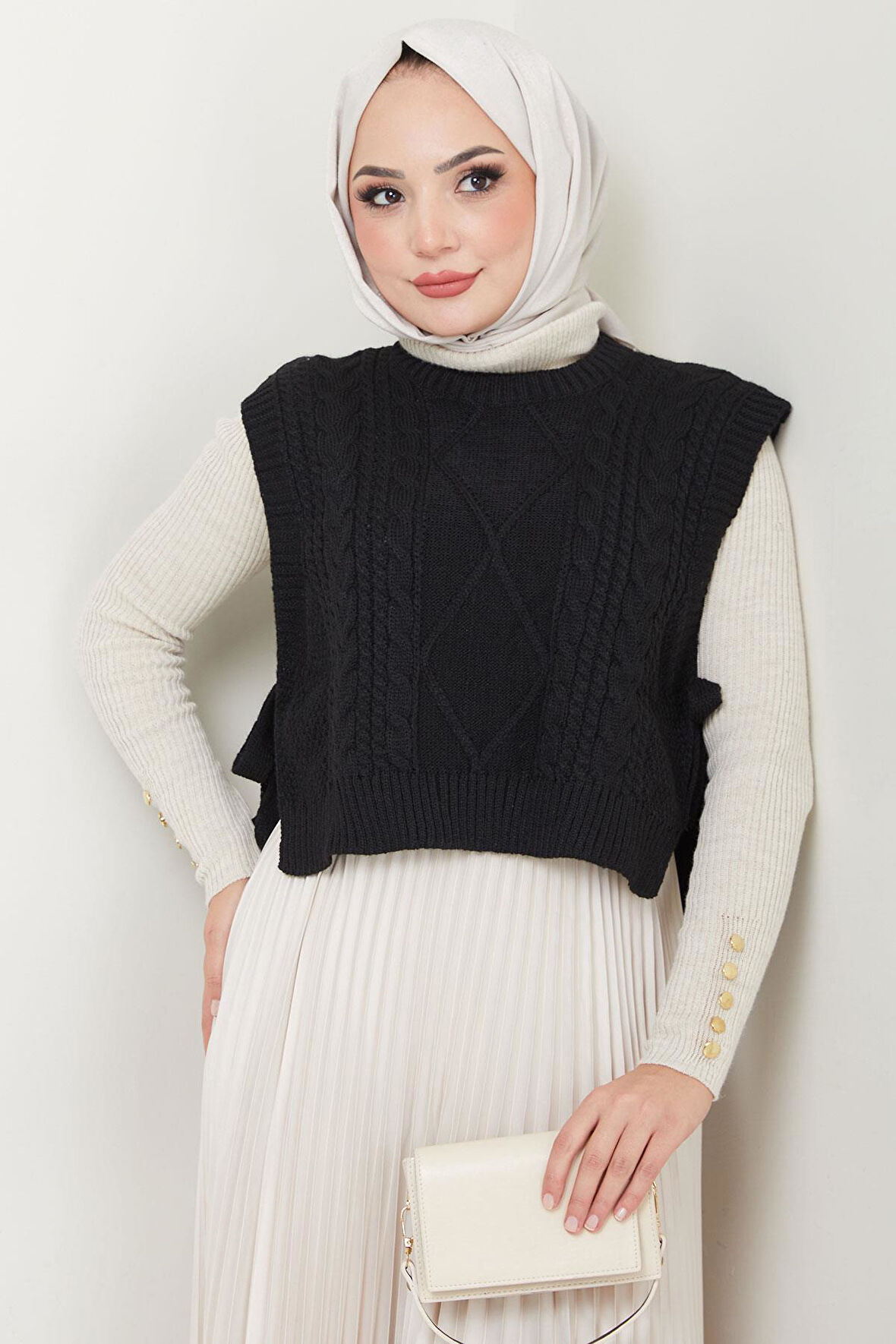 Yandan Bağlamalı Triko Süveter Siyah HM2552