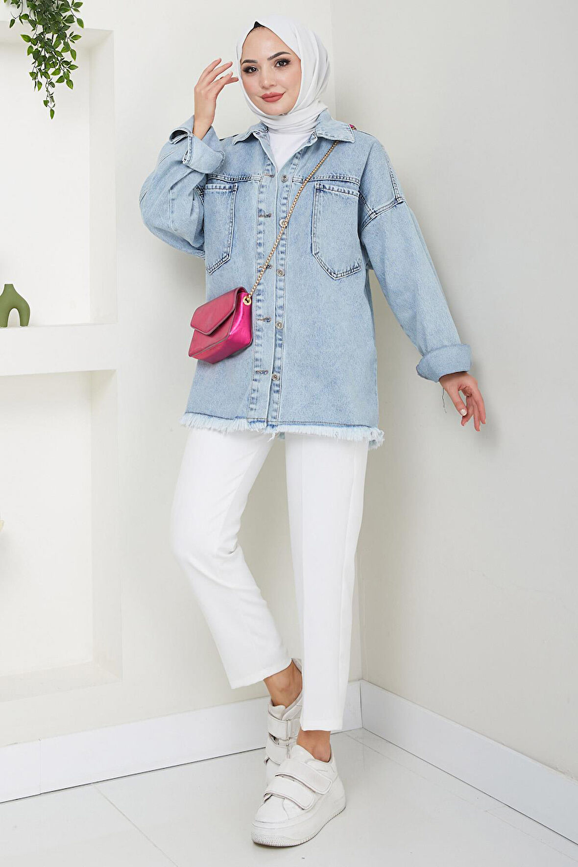 Çift Cepli Oversize Kot Ceket Mavi HM2578