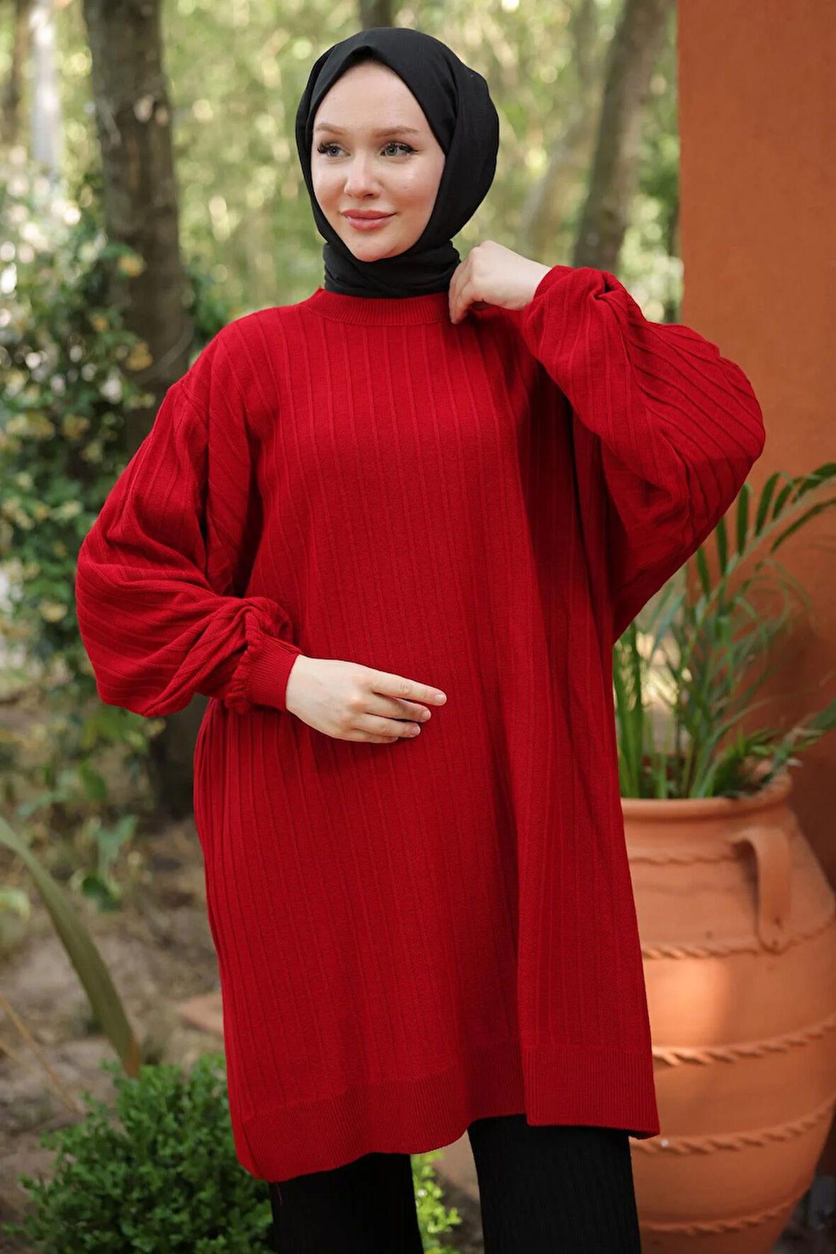 Balon Kol Triko Tunik Kırmızı HM2519