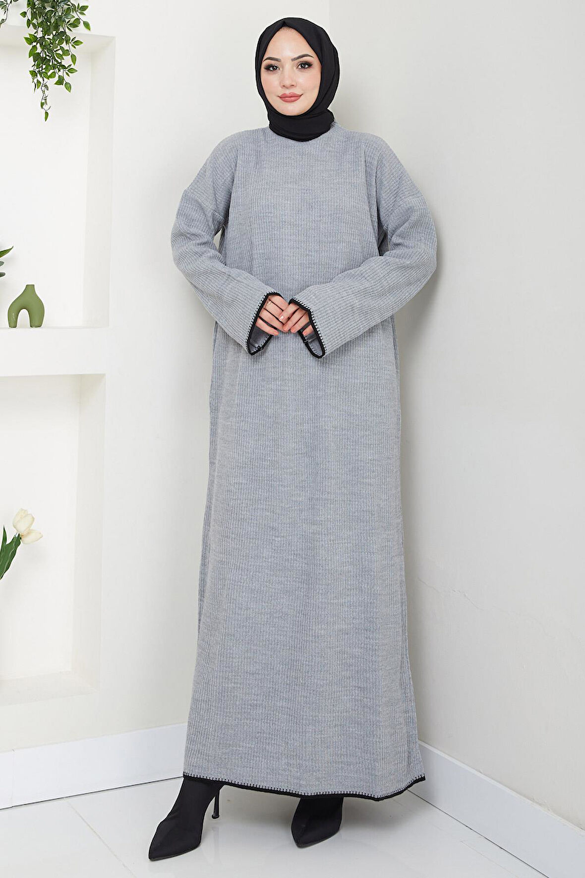 İspanyol Kol Triko Elbise Gri HM2523