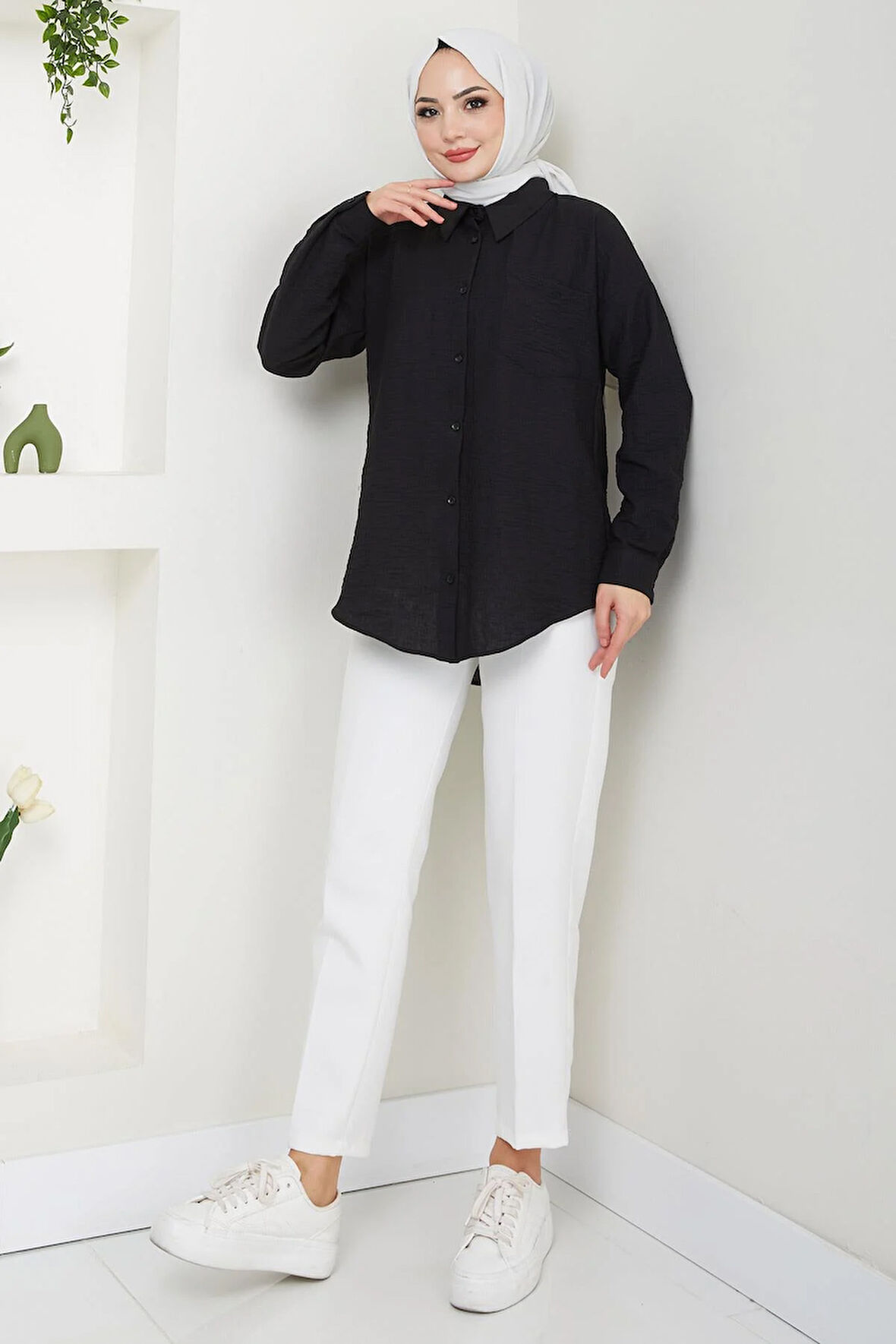 Tek Cepli Uzun Kol Oversize Keten Gömlek Siyah HM2651