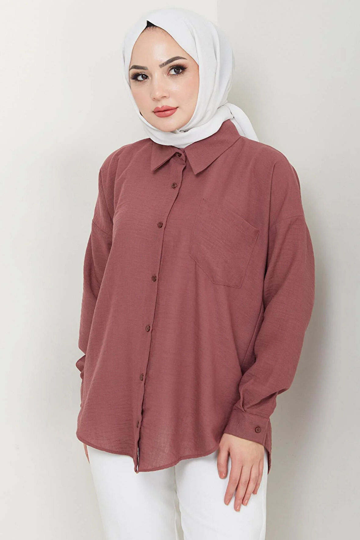 Tek Cepli Uzun Kol Oversize Keten Gömlek Gül Kurusu HM2651