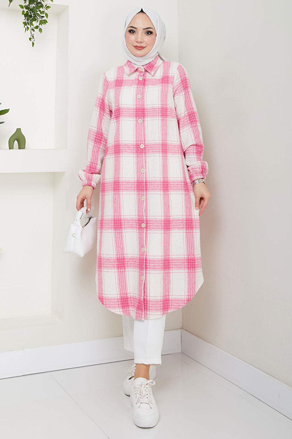 Uzun Ekose Oduncu Gömlek Tunik Pembe HM2652