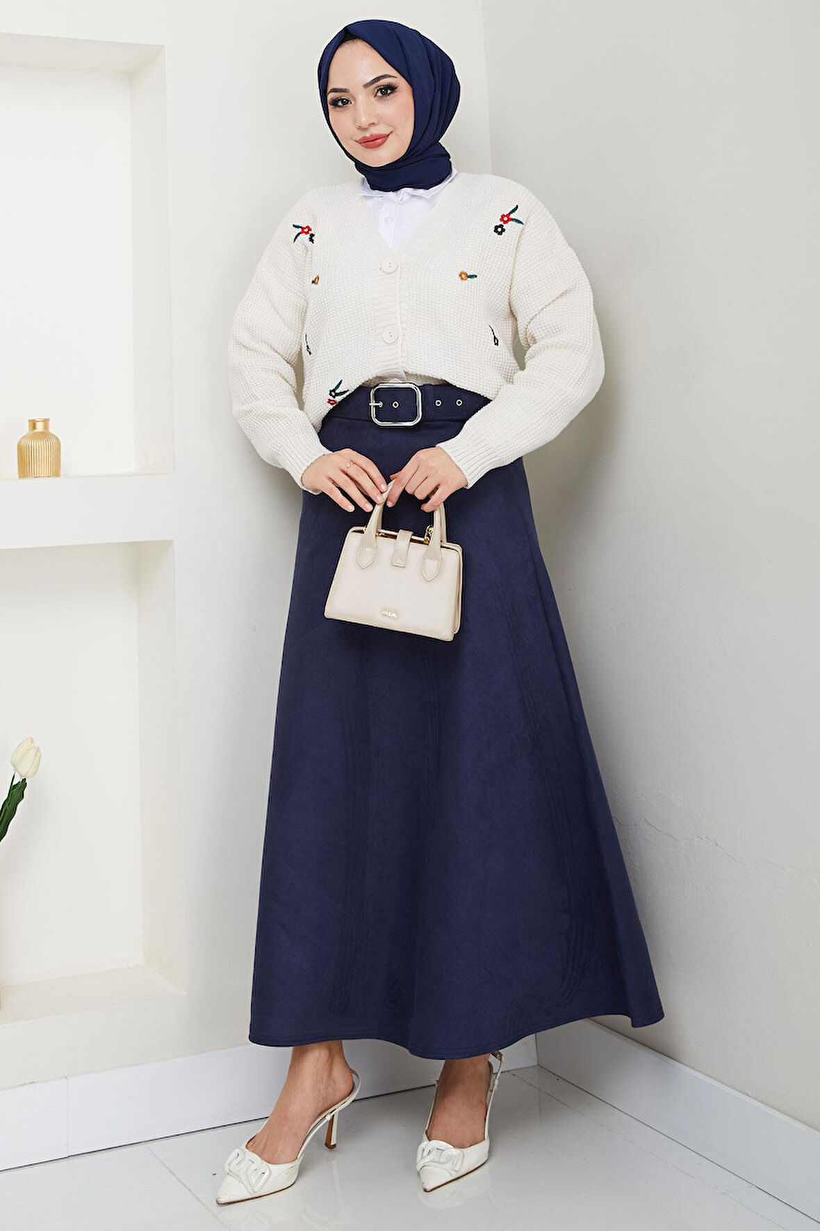 Kemerli Süet Mevlana Etek Lacivert HM2607