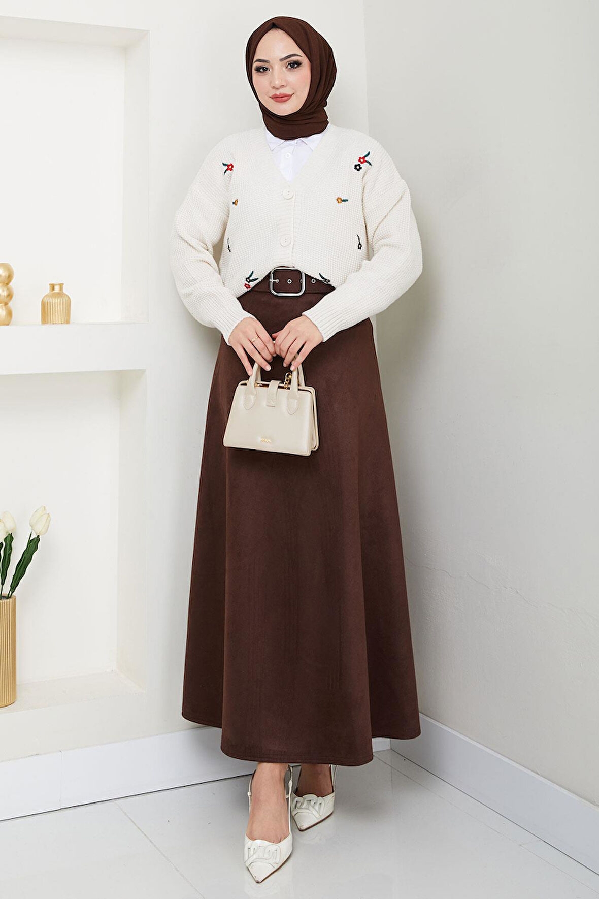 Kemerli Süet Mevlana Etek Kahverengi HM2607