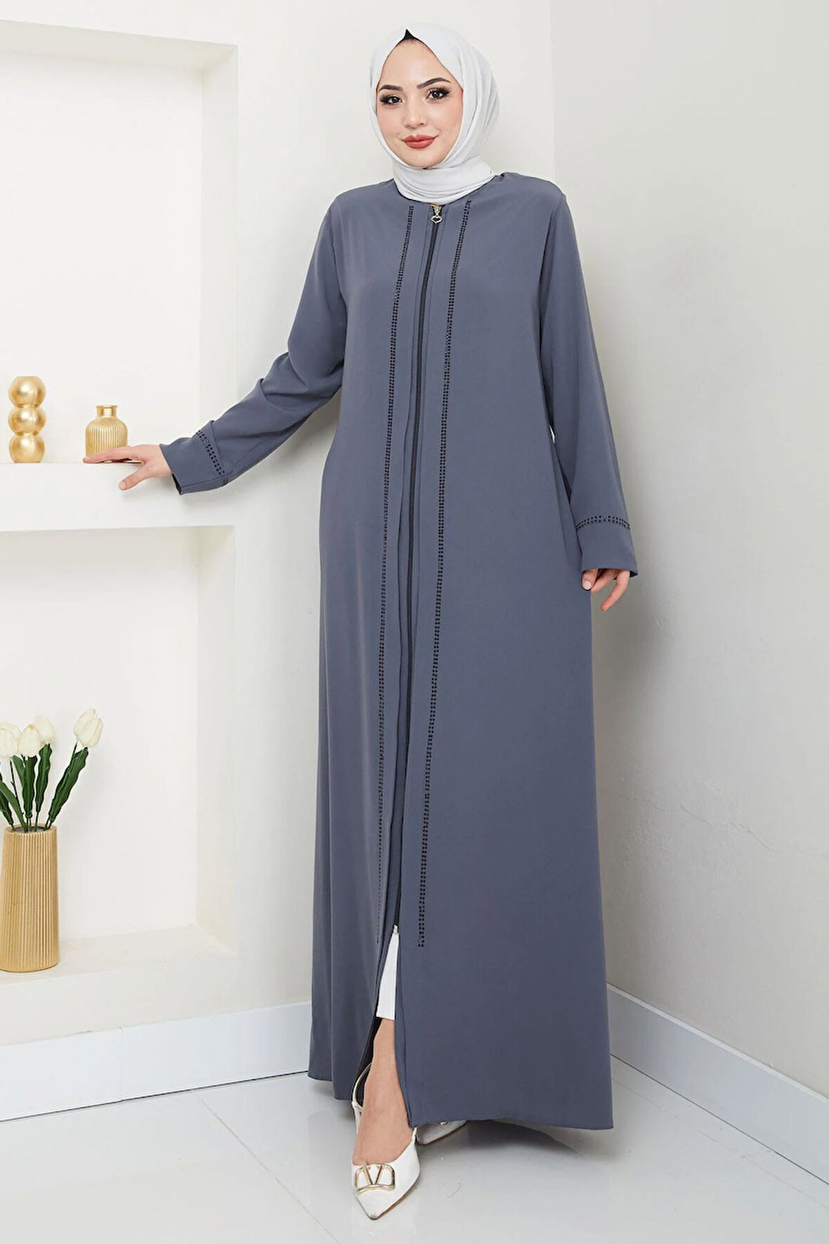 Mina Büyük Beden Taşlı Ferace Gri HM2308
