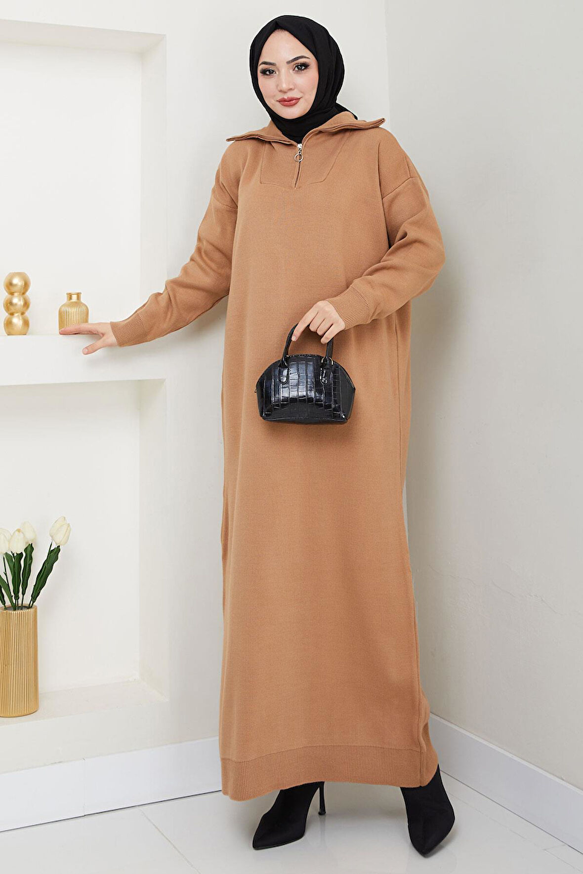 Fermuarlı Boğazlı Triko Elbise Camel HM2531