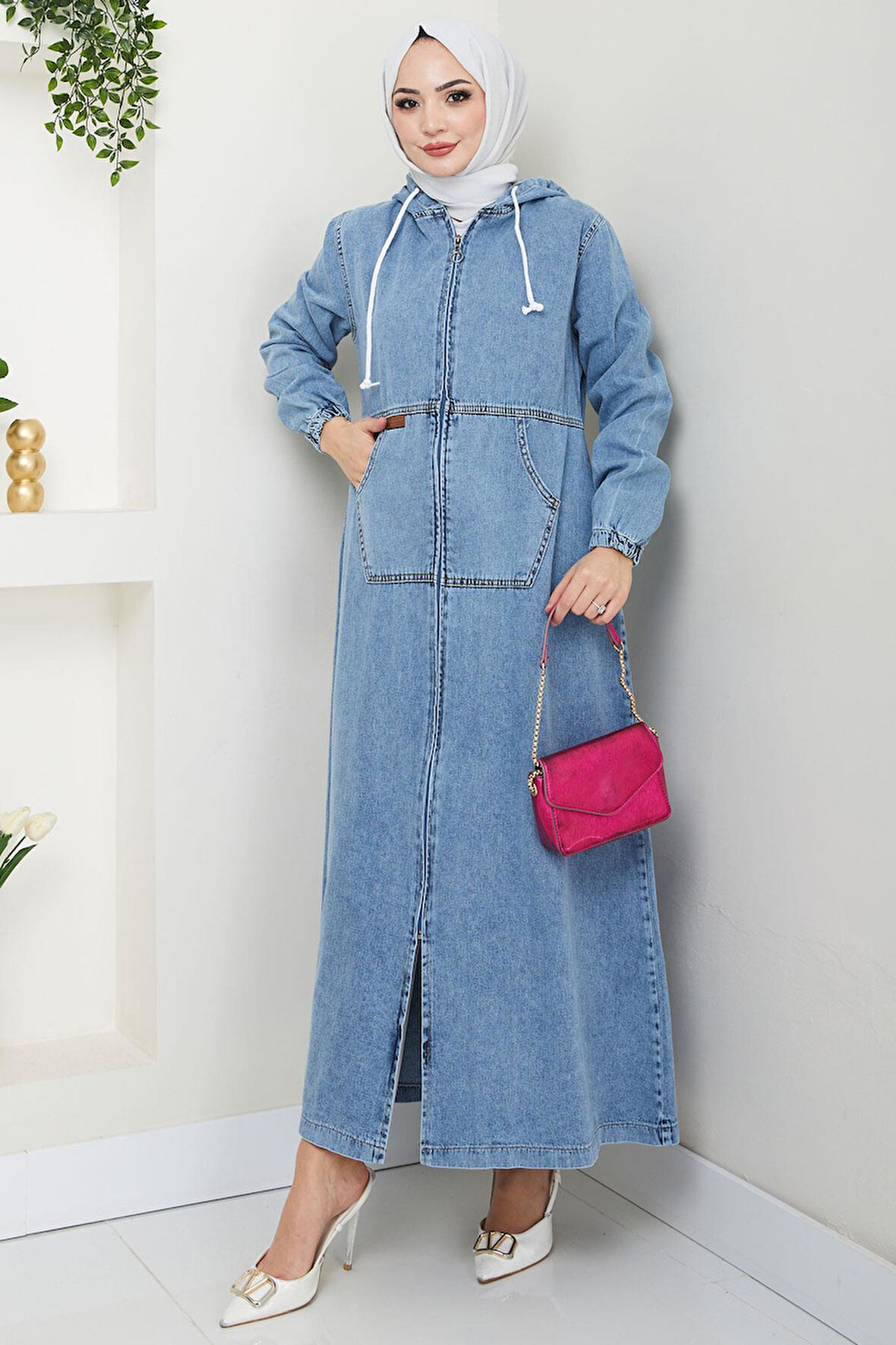 Kapüşonlu Kanguru Cepli Fermuarlı Kot Kap Mavi HM2674