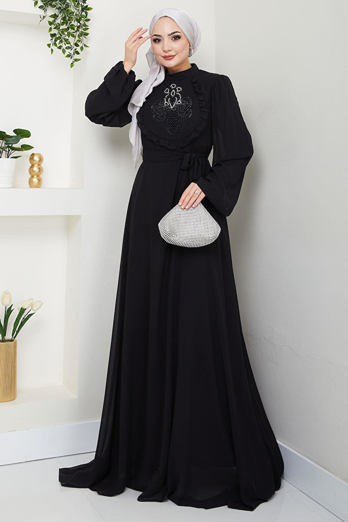 Boncuklu Şifon Abiye Elbise Siyah HM2667