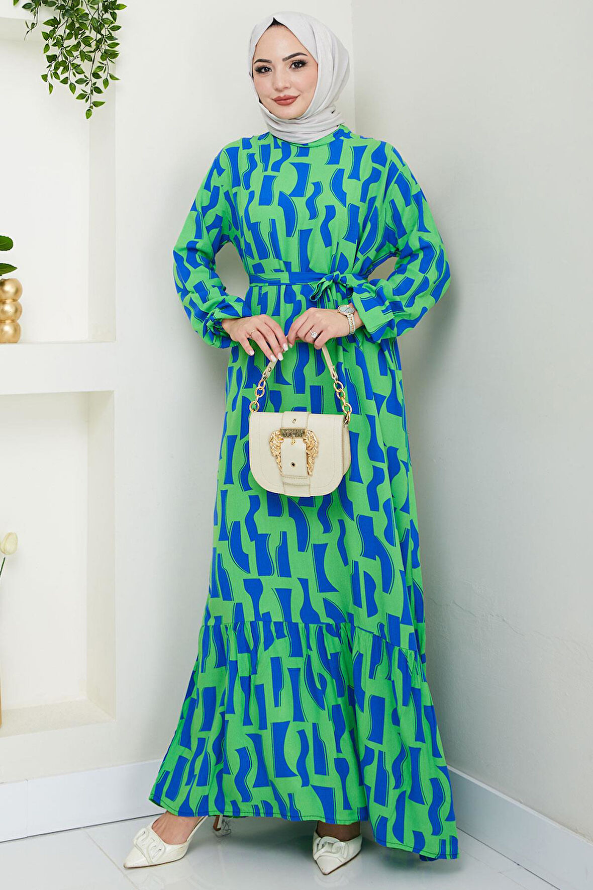 Sera Desenli Viskon Elbise Yeşil HM2686