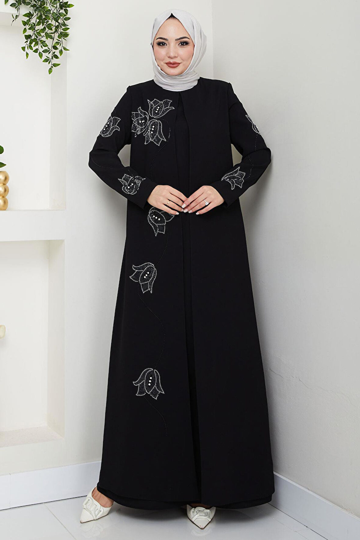Büyük Beden Lale Taşlı Anne Elbisesi Siyah HM2692