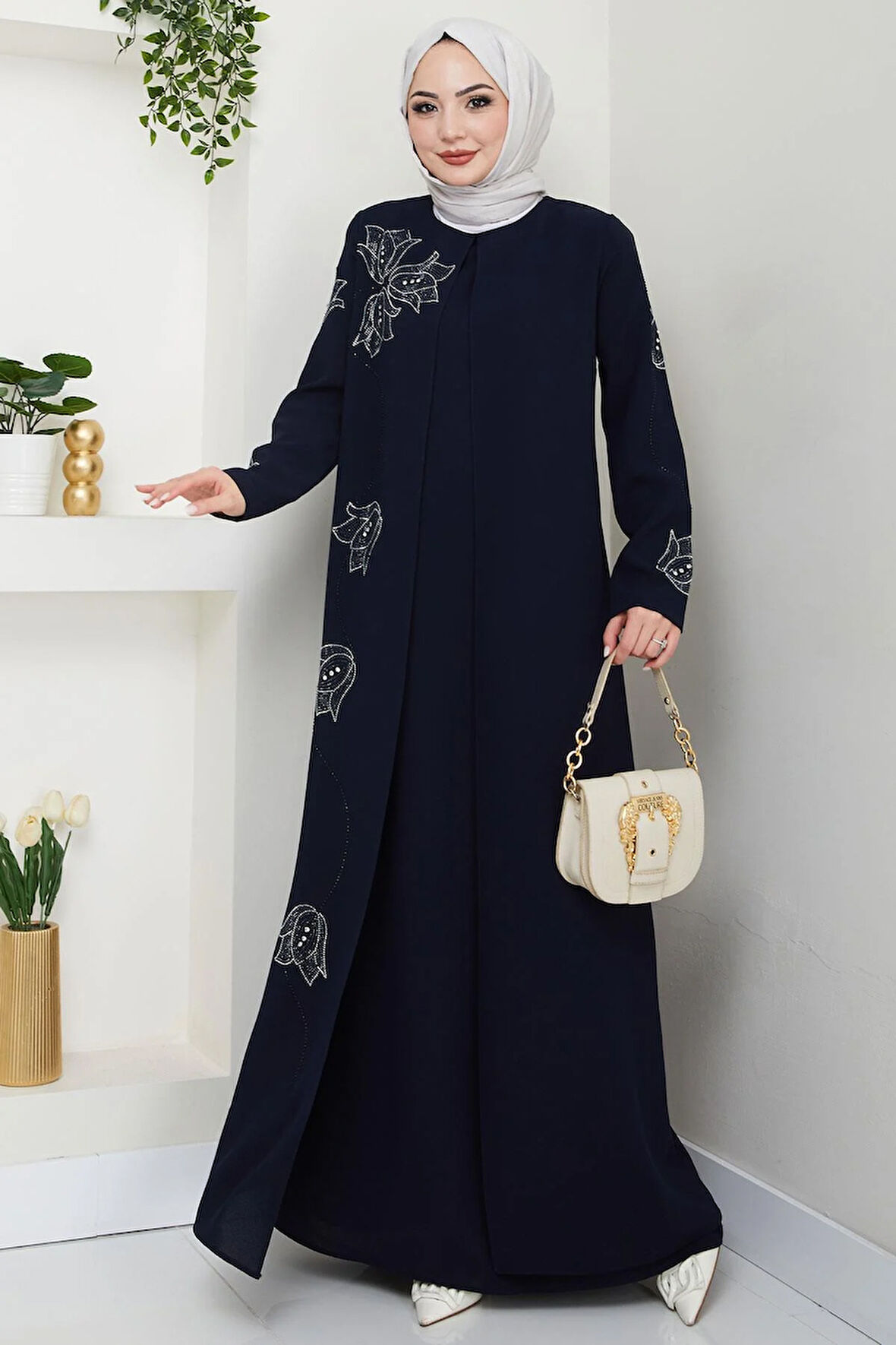 Büyük Beden Lale Taşlı Anne Elbisesi Lacivert HM2692