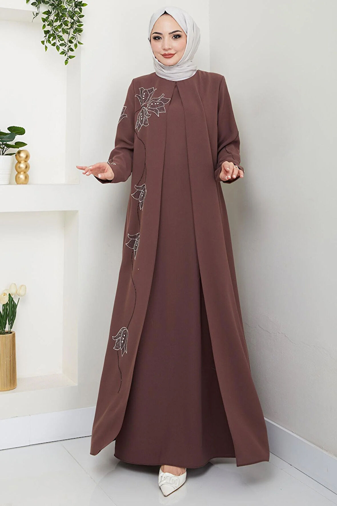 Büyük Beden Lale Taşlı Anne Elbisesi Kahverengi HM2692