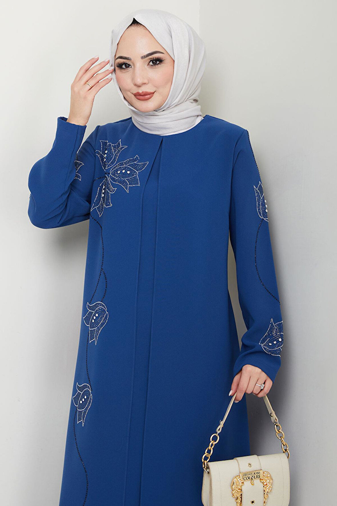 Büyük Beden Lale Taşlı Anne Elbisesi İndigo HM2692