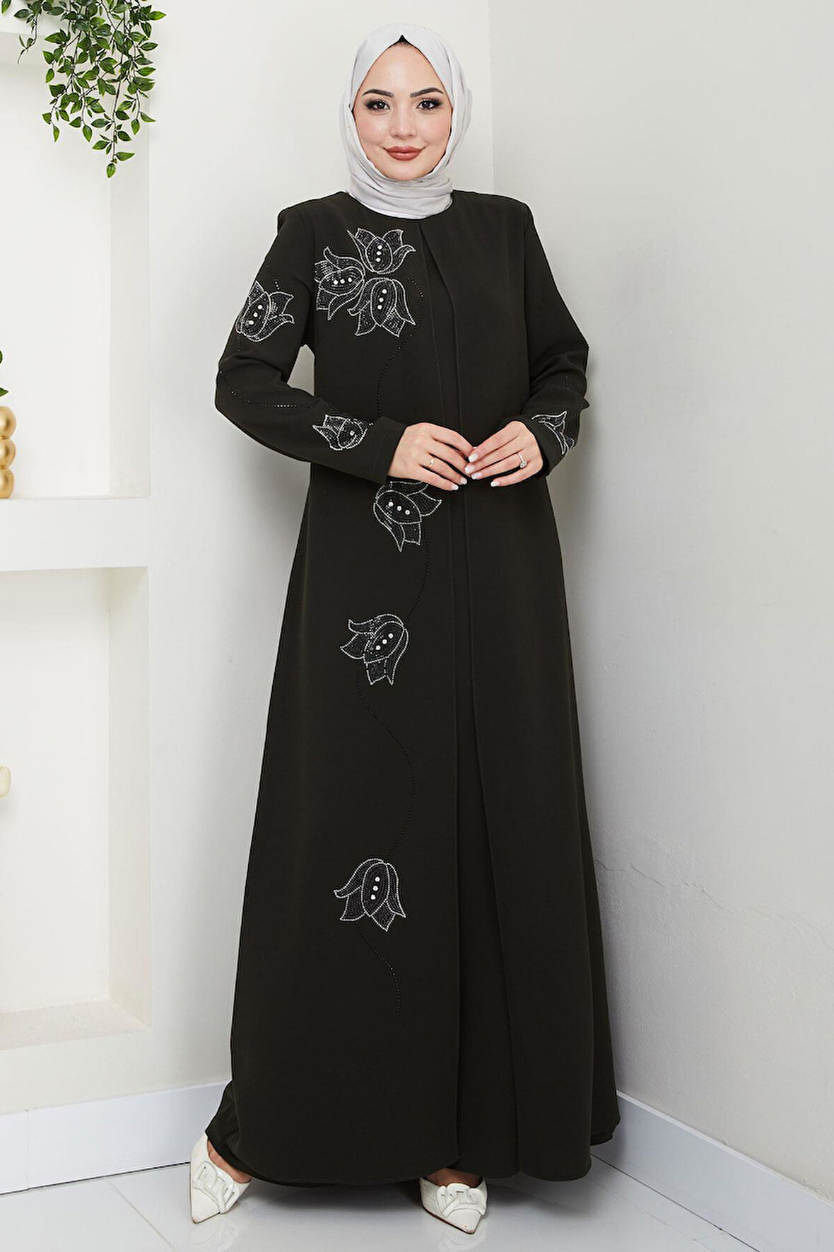 Büyük Beden Lale Taşlı Anne Elbisesi Haki HM2692