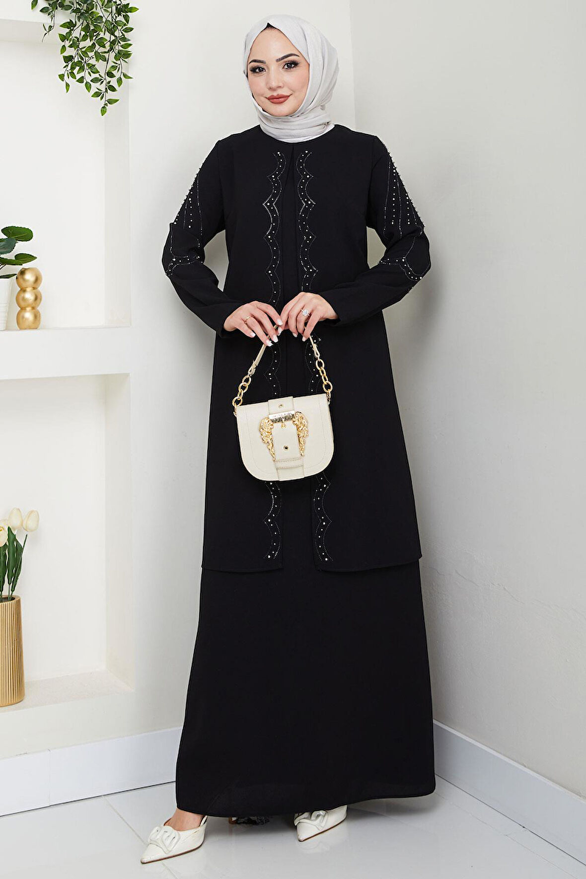 Büyük Beden Boncuklu Taşlı Anne Elbisesi Siyah HM2693