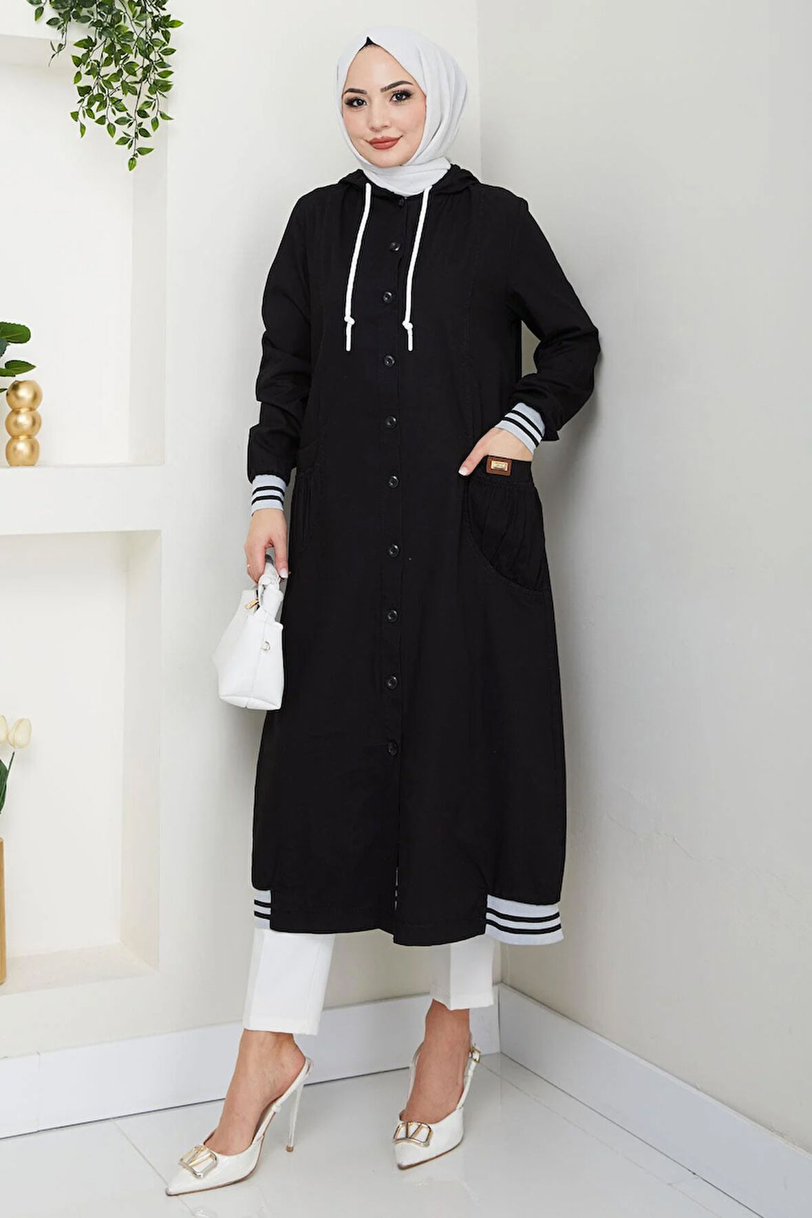 Kapüşonlu Ribanalı Kot Kap Siyah HM2691