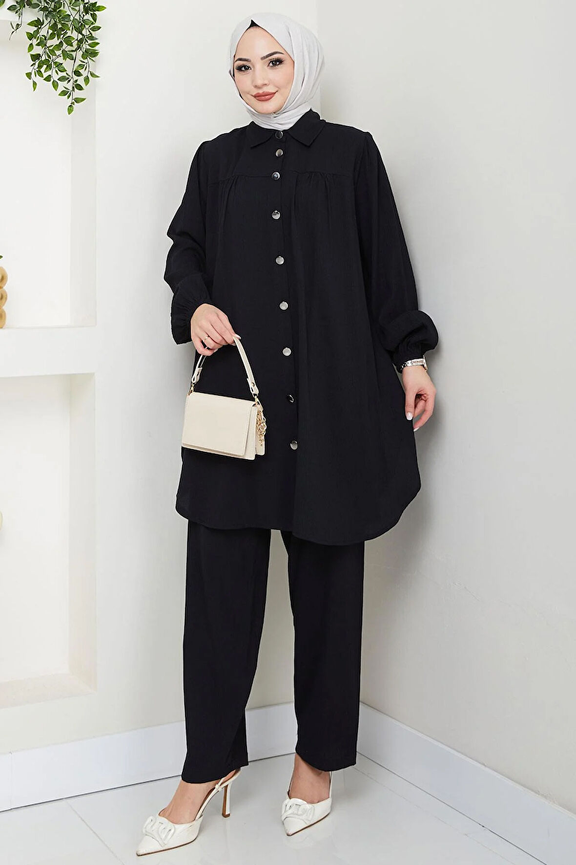 Büzgülü Gömlekli İkili Takım Siyah HM2689