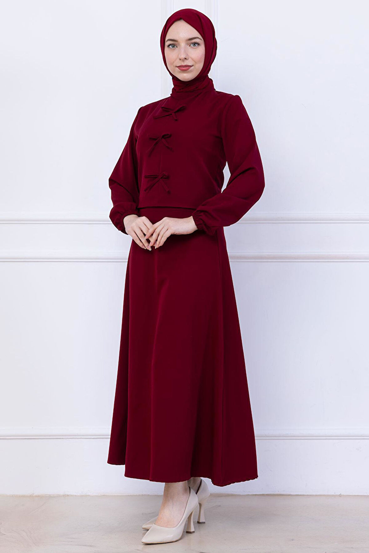 Önü Fiyonklu Etekli İkili Takım Bordo HM2705