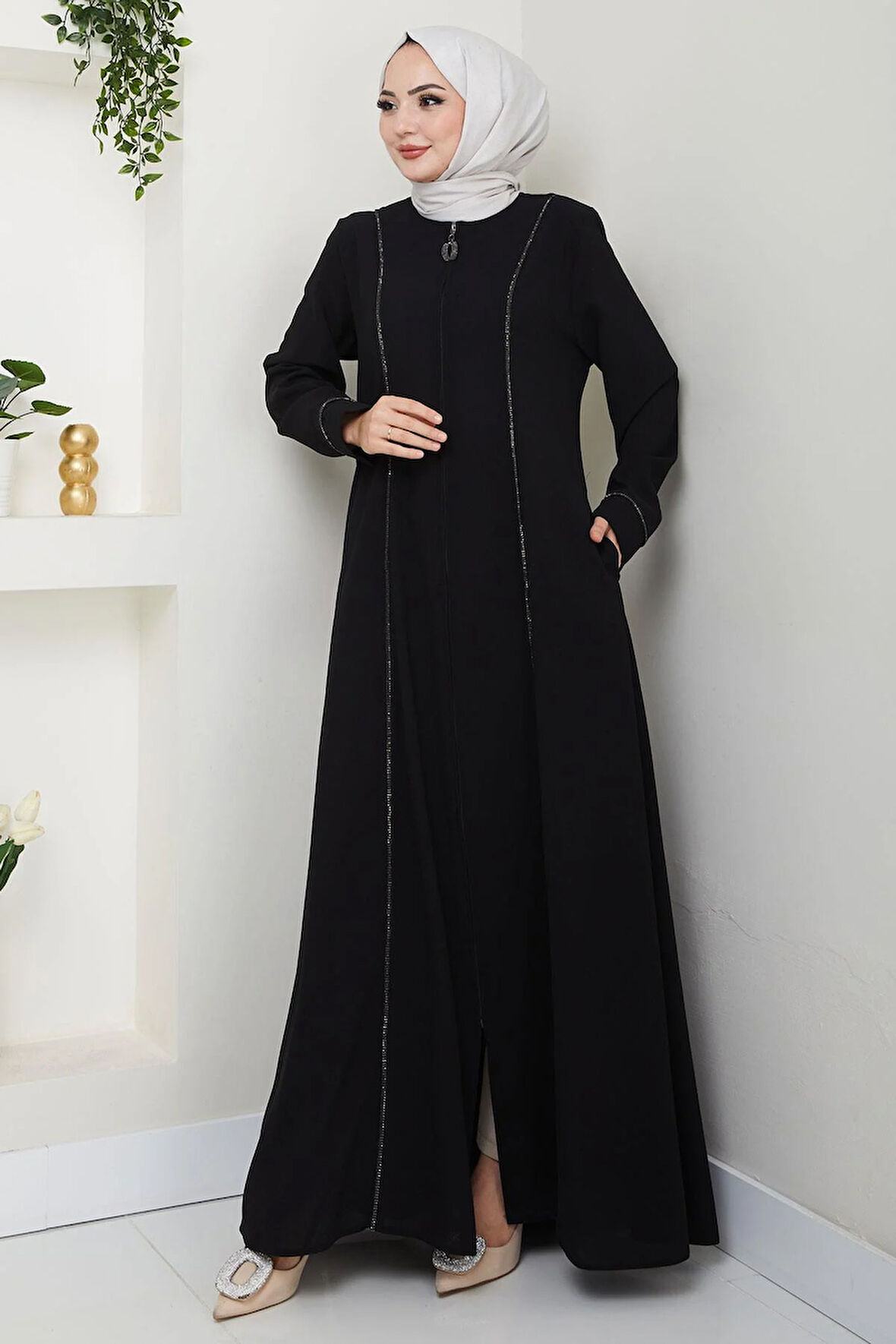 Boydan Şerit Taşlı Ferace Siyah HM2709