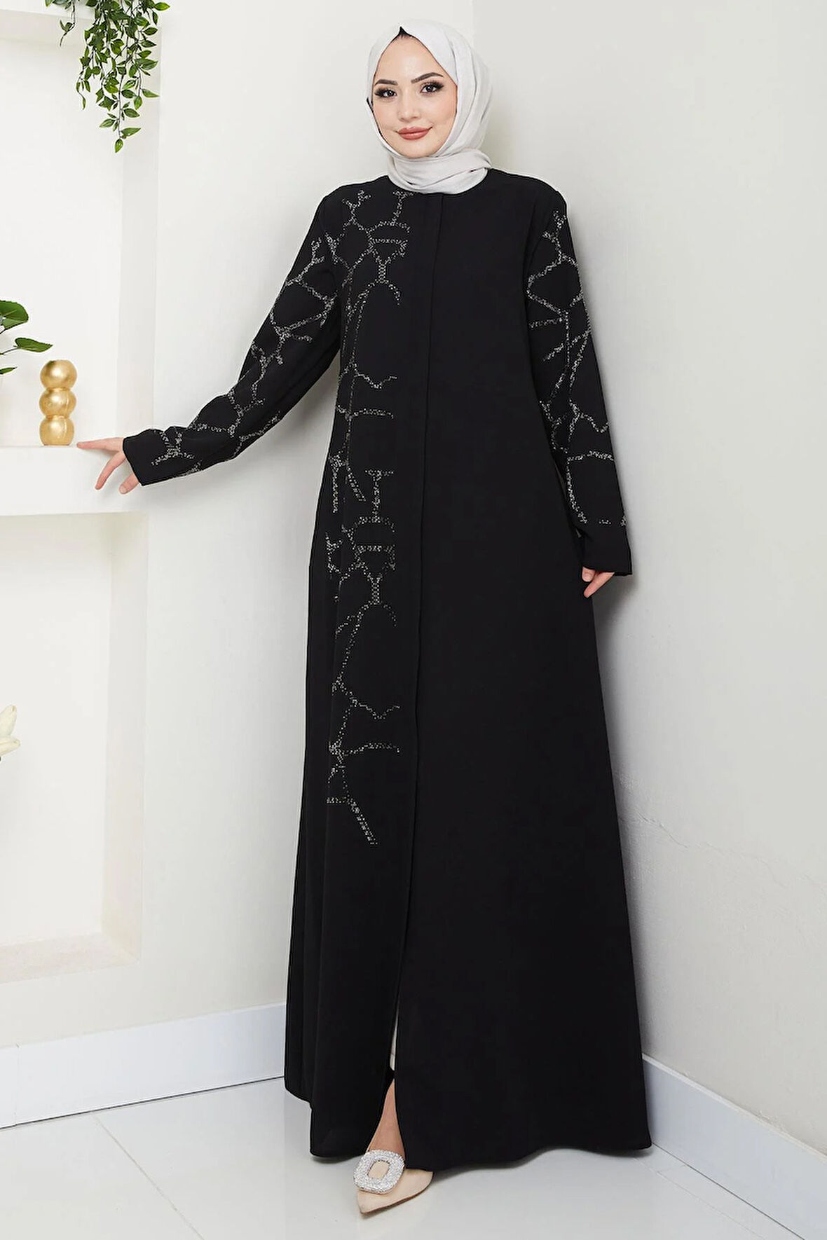 Sahra Taşlı Büyük Beden Ferace Siyah HM2712